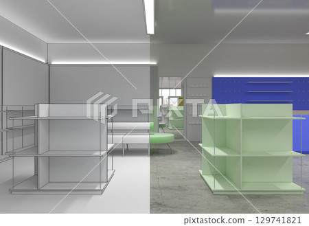 shopping mall, interior visualization, 3D illustration 129741821