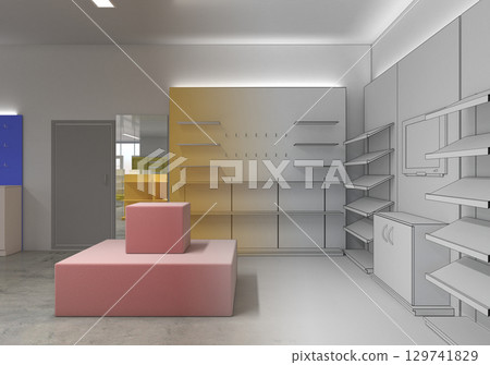 shopping mall, interior visualization, 3D illustration shopping mall, interior visualization, 3D illustration 129741829