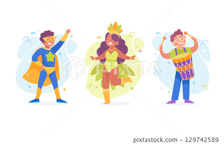 Dynamic Characters A Superhero, a Princess, and a Drummer in Colorful and Vibrant Roles 129742589