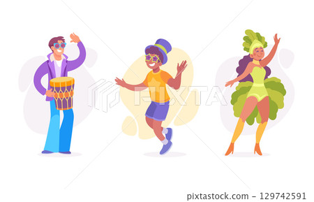 A Colorful and Joyous Celebration featuring Dancers and Drummers in Festive Costumes 129742591