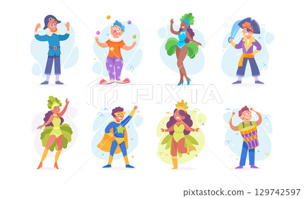 Vibrant and Colorful Characters Performing in Festive and Decorative Outfits at Events 129742597