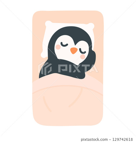 Cartoon Penguin Sleeping in Bed Illustration 129742618
