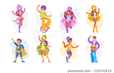 Vibrant and Dynamic Dance Characters in Colorful Costumes with Unique Poses and Expressions 129742619