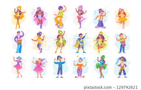 Vibrantly Colorful Dancing Characters Dressed in Festive and Creative Costumes and Attire 129742621
