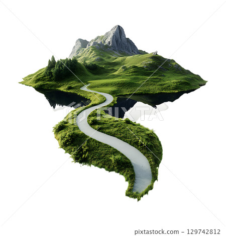 Serene Island Landscape Winding Road Mountain and Lake Reflection On Transparent Background 129742812