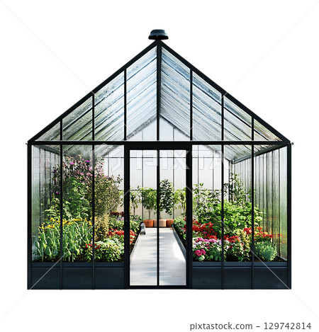 Greenhouse Botanical Garden Interior Glass Structure Plants Flowers On Transparent Background 129742814