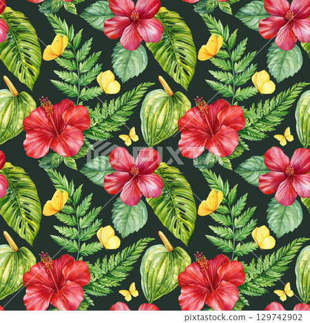 Red hibiscus flowers with green palm leaves and yellow butterflies watercolor tropical floral blossoms seamless pattern for design 129742902