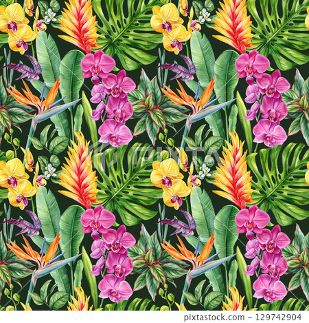 Tropical orchids bird of paradise and colorful exotic leaves watercolor seamless floral botanical pattern. Aloha design 129742904