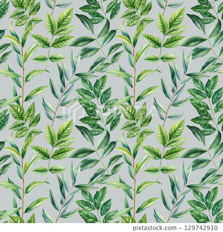 Green botanical leaves branches and foliage watercolor seamless nature pattern for tropical decorative design, spring plants 129742910