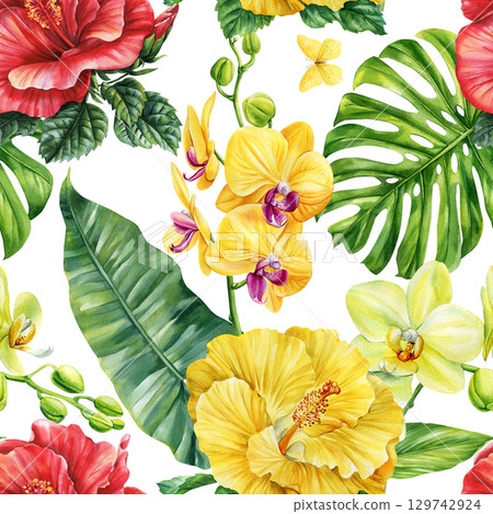Yellow orchids and hibiscus flowers with monstera and palm leaves watercolor tropical seamless floral botanical pattern 129742924