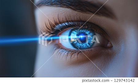 Woman eye with laser vision eye surgery for retinal problems. 129743142