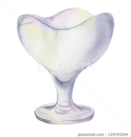 Transparent glass vase, sundae dessert bowl, tableware crystal footed dish, wine cup. Isolated illustration hand drawn in watercolor. Ice cream branding, frozen dessert menu, cafe stationery design. Transparent glass vase, sundae dessert bowl, tableware crystal footed dish, wine cup. Isolated illustration hand drawn in watercolor. Ice cream branding, frozen dessert menu, cafe stationery design. 129743204