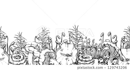 Bolete Russula mushroom, horsetail plant stalks moss cushion hand drawn in vector ink. Cep webcap suillus fungi, autumn forest harvest, edible raw ingredient for vegan cooking. Seamless banner header 129743206