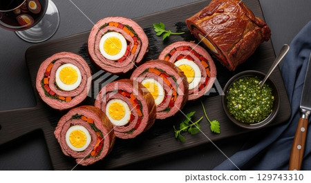 Traditional argentine matambre arrollado a beef roulade stuffed with egg and vegetables 129743310