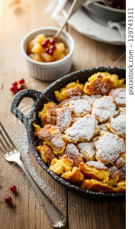 Austrian kaiserschmarrn a fluffy shredded pancake served with apple sauce in a rustic pan 129743311