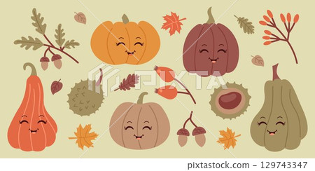 Cute autumn vector set with pumpkins, chestnuts, acorns, fall leaves and seasonal harvest elements. Funny cute faces on vegetables. Thanksgiving holiday decoration and autumn festival design 129743347