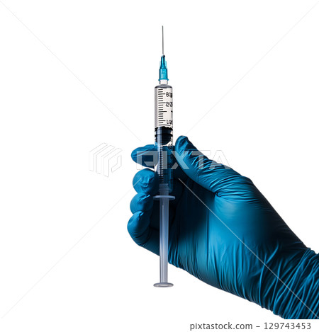 Medical Syringe with Vaccine Vial Closeup of a gloved hand holding a syringe filled with a clear liquid against a black background On Transparent Background 129743453