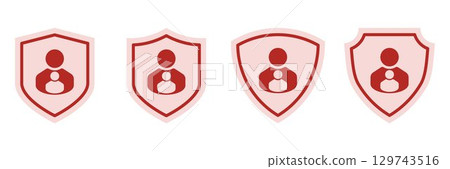 Set of red family protection shield icons. Parental care, family safety, child security symbols. Vector badges for insurance, healthcare, childcare, social service and safety concepts Set of red family protection shield icons. Parental care, family safety, child security symbols. Vector badges for insurance, healthcare, childcare, social service and safety concepts 129743516
