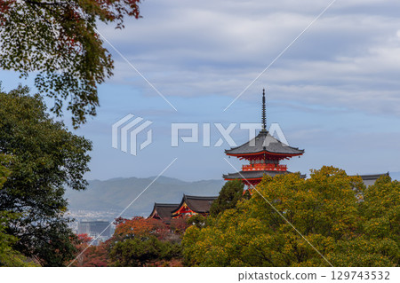 Koyasunoto Pagoda with autumn foliage and Kyoto city view 129743532