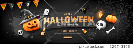 Happy Halloween pumpkin wearing a black hat, Ghost and Spooky bat flying, candles, poster banner 129743566