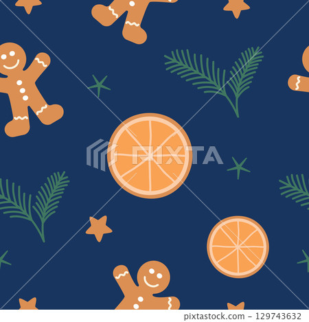 cute seamless christmas design with gingerbread orange and fir twig vector illustration 129743632