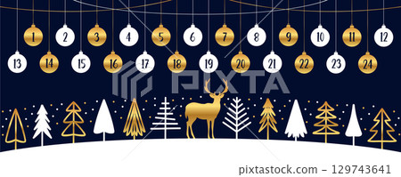 advent calendar with deer and fir trees and hanging christmas balls vector illustration 129743641