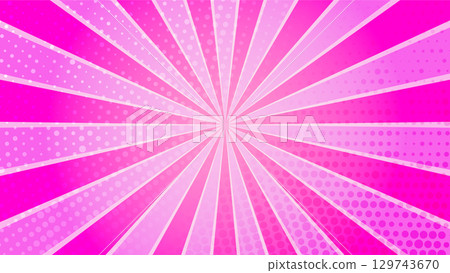 Retro rose pink sun rays on halftone bg. Pop art comic cartoon 129743670