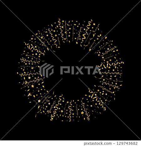 Golden serpentine ribbons frame. Confetti round banner. Luxury streamer Golden serpentine ribbons frame. Confetti round banner. Luxury streamer 129743682