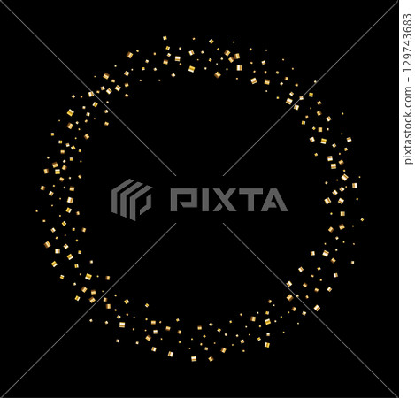Golden serpentine ribbons frame. Confetti round banner. Luxury streamer Golden serpentine ribbons frame. Confetti round banner. Luxury streamer 129743683
