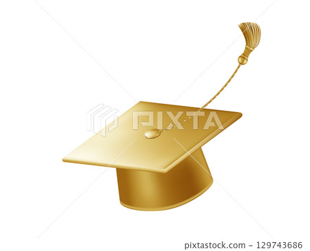Graduates celebration. Flying golden graduate hats with tassels. 129743686
