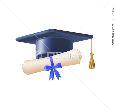 3d diploma scroll with graduate hat. Vintage roll paper 129743702