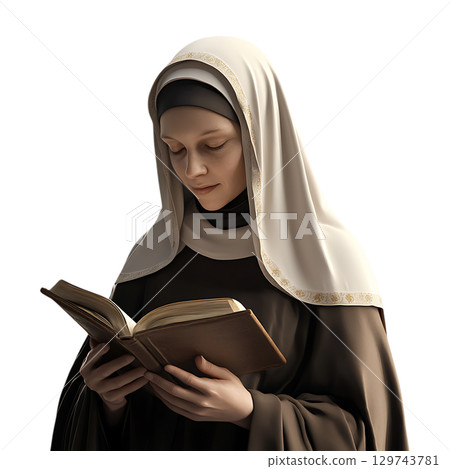 Nun Reading Book Religious Woman Medieval Clothing Spiritual Faith Prayer Scripture On Transparent Background 129743781