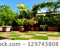 A roof balcony filled with flowers and greenery 129743808