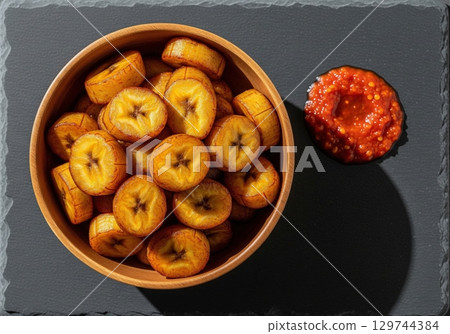 Delicious traditional ivorian alloco fried plantains served with a spicy pepper sauce in a bowl 129744384