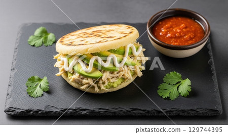 Traditional venezuelan reina pepiada arepa with chicken and avocado served with hot sauce 129744395