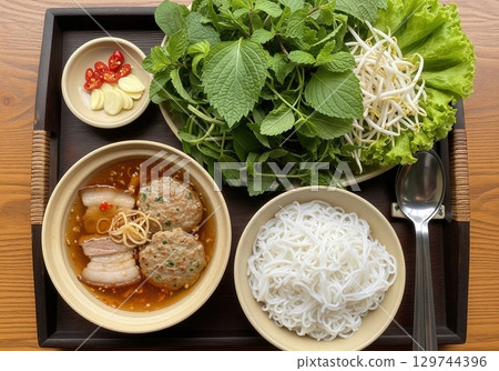 Vietnamese bun cha a pork meatball soup with rice noodles fresh herbs and dipping sauce 129744396