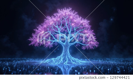 An ethereal glowing tree with a pink canopy and blue luminous trunk 129744421