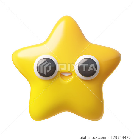 Yellow five pointed star smile face realistic volume vector 3D design, happy laugh emoji emoticon positive expression 129744422