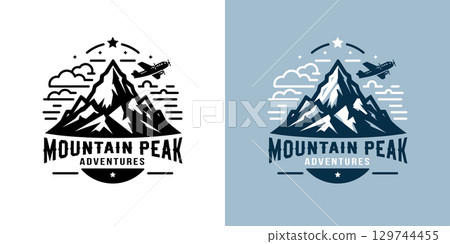 Retro Vector Mountain Badge. Logo for Travel Agencies, Outdoor Companies, Hiking Trips. Emblem for Branding on Backpacks, Mugs, and Souvenirs, Inspiring Hiking 129744455