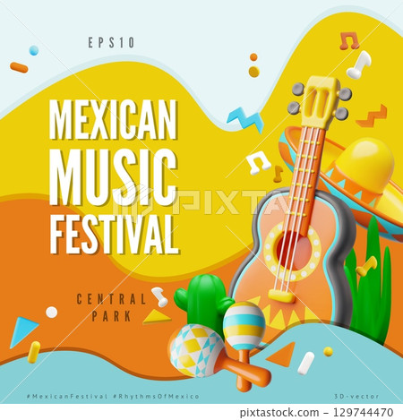 Mexican music festival 3D poster vector design, cartoon acoustic guitar, maracas and Sombrero hat, music instrument 129744470