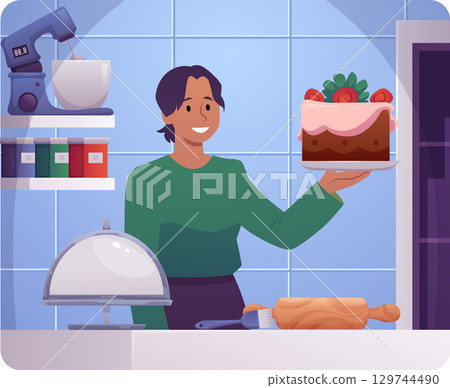 Woman confectioner presenting cake with cream and strawberries, culinary baker in the kitchen vector flat illustration Woman confectioner presenting cake with cream and strawberries, culinary baker in the kitchen vector flat illustration 129744490