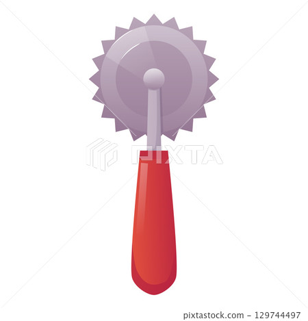 Round knife with red handle flat vector icon, kitchen knife for dough cutting, confectionery equipment with sharp teeth Round knife with red handle flat vector icon, kitchen knife for dough cutting, confectionery equipment with sharp teeth 129744497