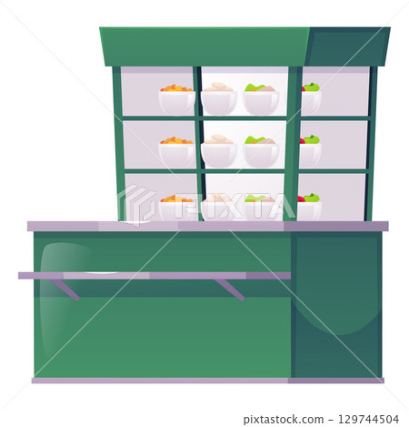 Cafe and restaurant shop counter, stand showcase with dishes assortment display, vector flat stainless green furniture Cafe and restaurant shop counter, stand showcase with dishes assortment display, vector flat stainless green furniture 129744504