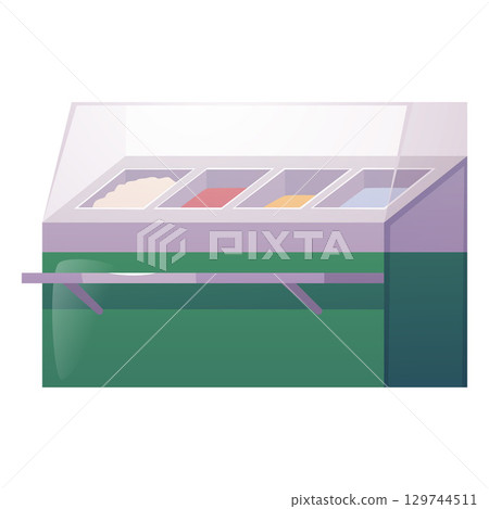 Cafe and restaurant shop counter, bar showcase with dishes assortment display, vector flat stainless green furniture 129744511