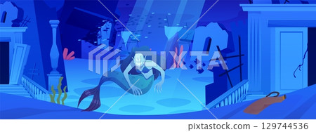 Sunken ancient city with underwater monster vector flat illustration, cartoon underwater sea or ocean, mermaid evil face 129744536
