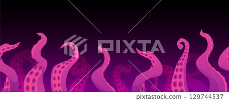 Octopus waving long tentacles with suckers on sea bottom vector background, cartoon ocean monster kraken limbs wriggles 129744537