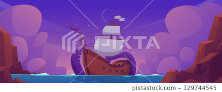Underwater monster trying to bring down wooden ship stretching tentacles over the ocean water surface vector illustration 129744545