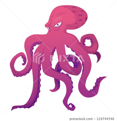 Red octopus with tentacles vector flat illustration, cartoon sea and ocean animal, giant kraken underwater monster 129744546