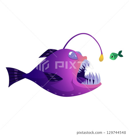 Underwater monster flat vector icon, deep sea anglerfish, cartoon creepy sea or ocean predator animal, wildlife fauna Underwater monster flat vector icon, deep sea anglerfish, cartoon creepy sea or ocean predator animal, wildlife fauna 129744548