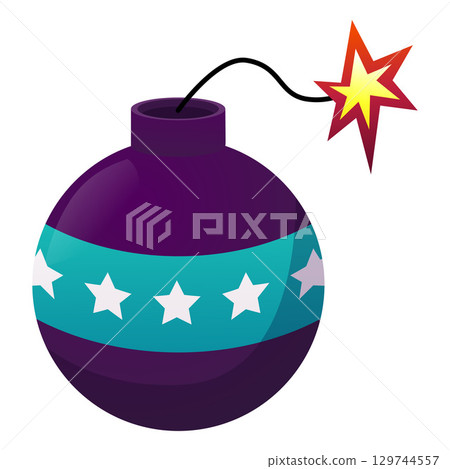 Firecracker with a lit fuse painted with a stars pattern, vector round firework bomb with burning wick, pyrotechnic tool 129744557